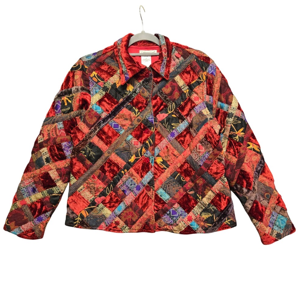 Statement Maximilist Red Velvet Patchwork Jacket Womens M Boho Art to Wear Coat